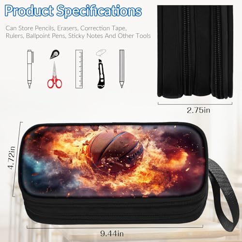 Image of TILYTADLY Large Pencil Case for Boys - Basketball Boys Pencil Pouch with Zipper Compartments - Big Capacity Pen Box Pen Bag Organizer with Keychain for Kids Teens School