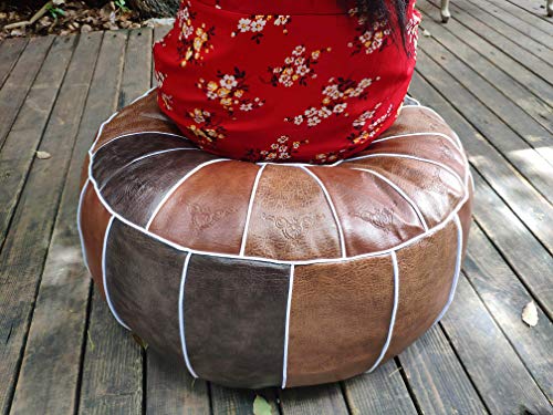 Riseon Boho Handmade Faux Pu Leather Moroccan Pouf Footstool Ottoman Leather Poufs Unstuffed 23" X 11" -Round Floor Cushion Footstool For Living Room, Bedroom And Under Desk (Brown) #TOP4