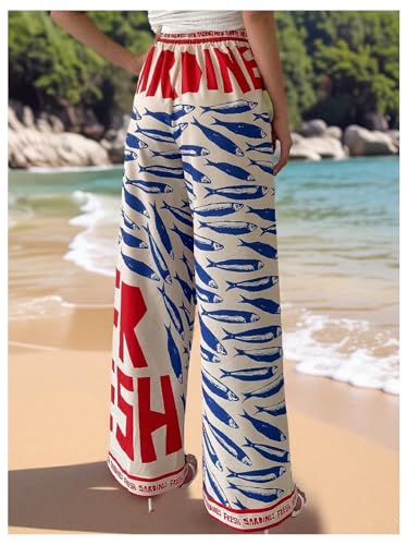 MakeMeChic Women's Boho Fish Print Wide Leg Pants Elastic Waist Loose Fit Trousers with Pockets3