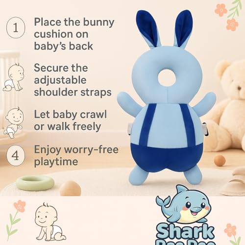 Image of Shark Doo Doo Bunny Shaped Blue Baby Head Protector Pillow - Infant Fall Protection Cushion | Soft Plush Safety Helmet with Adjustable Straps