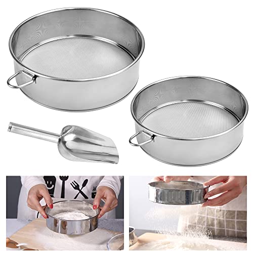 RECHCIGA 2Pz Tamizador de Harina Acero Inoxidable Colador de Harina Fina Tamizador de Harina Manual con Cuchara de Harina Colador de Harina de Acero Inoxidable de 15/20 cm para Harina de Trigo y Arroz Cover