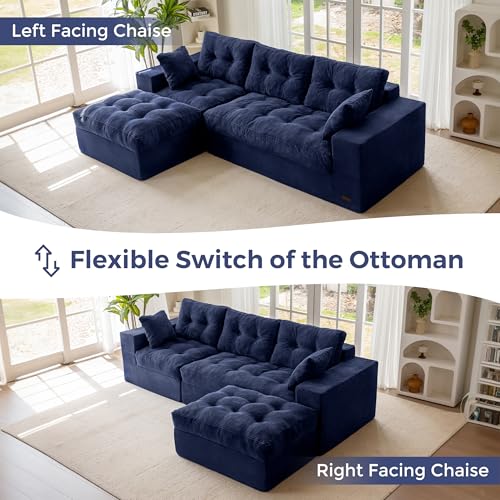Image of MAXYOYO 104 inch L Shaped Modular Sectional Sofa with Ottoman, Tufted Boneless Couch with Layered Cushion, Upholstered Flexible Module Combination Sofa for Living Room, No Assembly, Navy