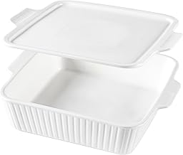 Dizada Casserole Dish for Oven with Lid, 10'' Square Baking Dish, 2-in-1 Ceramic Baking Dish, Baking Pan with Handles, Lasagna Pan Bakeware Oven Safe Baking Dish for Oven, Cake, Kitchen, Microwave, Dishwasher Safe, White