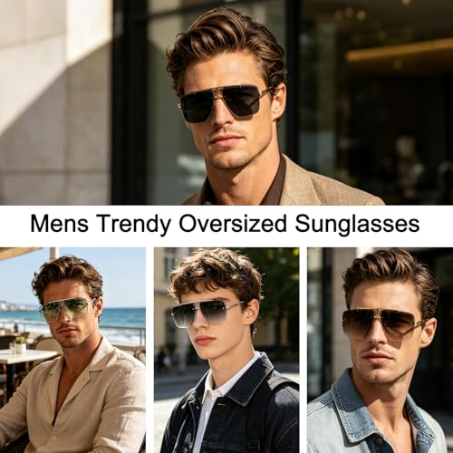 Image of Rimless Oversized Square Sunglasses for Men Trendy Fashion Big Shades Tinted Lens Gold Metal Frameless Glasses UV400