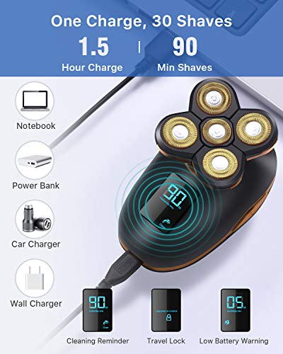 Head Shavers for Bald Men, OriHea USB Cordless Wet And Dry Razor. IPX7 Waterproof Shaving Kit, Rotary Bald Head Shaver Grooming Kit with Facial Beard Trimmer, Nose Hair Trimmer