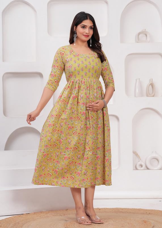 Image of JAIPURFAME Maternity Feeding Kurti with Zipper | Cotton Floral Printed Pregnancy & Nursing Dress | Comfortable & Stylish Maternity Wear for Women | Breastfeeding Kurta with Zipper | Soft & Elegant