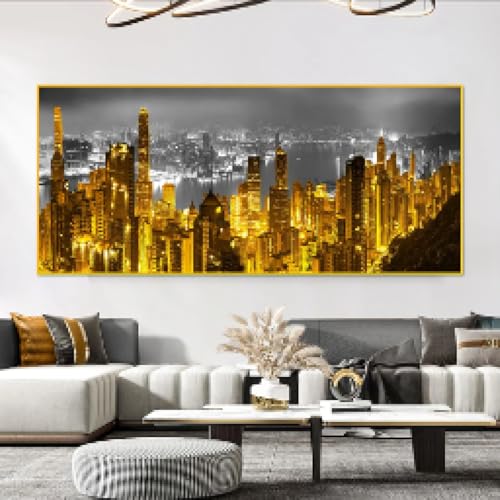 Peinture paysage urbain abstrait or : impression sur toile encadrée premium 70x145 cm