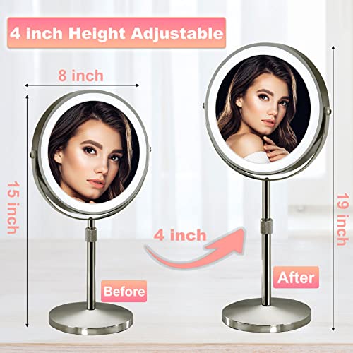 4000Mah Height Adjustable Lighted Makeup Mirror, 8 Inch Makeup Mirror With Led Lights,10X Magnifying Mirror, Rechargeable Tabletop Cosmetic Vanity Mirror,Light Up Mirror With Touch Control, Nickel #TOP2