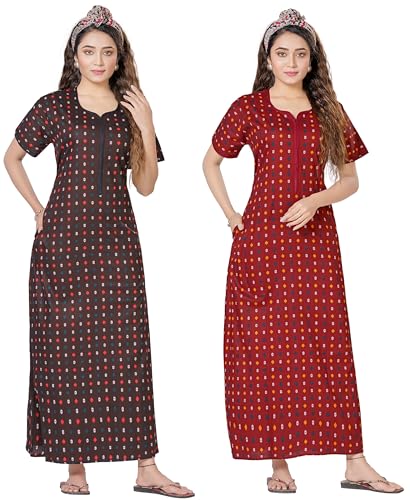 Image of PNAEONG Women's Cotton Printed Nighty Night Gown Maxi Free Size (Pack of 2)