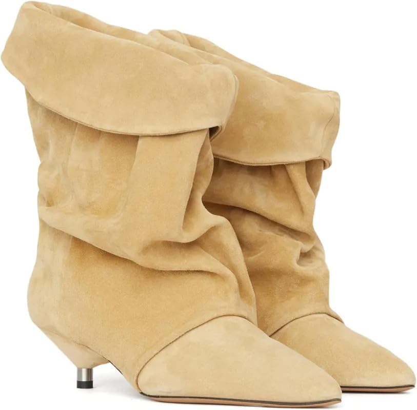Slouchy Suede Ankle Boots Kitten Heel Boots Fold Over Pointed Toe Boot for Women Short Booties Causal Daily Work Winter Dress