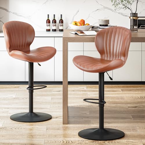 Image of Waleaf Modern Adjustable Bar Stools Set of 2, Faux Leather Upholstered Swivel Counter Stools, Counter Height Bar Stool with Large Base, Easy 5 Minute Assembly for Kitchen Island