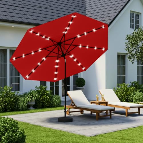 Image of 9' Solar LED Patio Umbrella with Tilt & Crank|8 Sturdy Ribs,UV Protection,Outdoor Market Table Umbrella for Deck,Lawn,Pool,Backyard (Red)