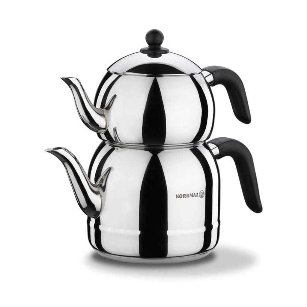 18/10 Ci/Ni Stainless Steel Retro Teapot Set, Black Handles, Top Pot 1.1 Lt, Bottom Kettle 2.5 Lt