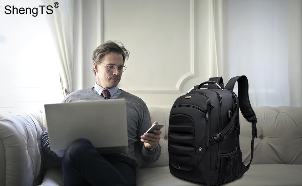 Miniatura 3 de Mochila de viaje para computadora portátil de 19 pulgadas, con puerto de carga USB, bolsa elegante