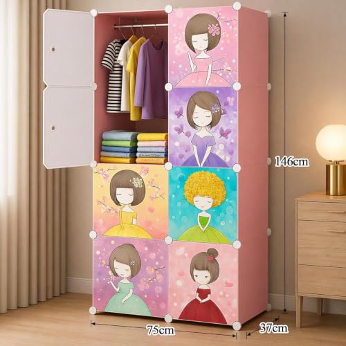 Image of Foldable Plastic Wardrobe for Clothes - Baby Cupboard for Clothes Storage, Wardrobe for Kids, Plastic Almirah, Collapsible Wardrobe for Kids Livingroom & Home (8-Layer-Pink)