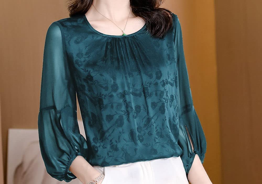 Damenkorsett Mit Langen Ärmeln,Damen Retro Jacquard Rundhals Falten Oberteile Satin Bluse Hemd Fledermausflügel 3/4 Ärmel Tunika Chiffon Hemd Komfort Glanz Oberteile Lässige Büro Business Bluse Fü
