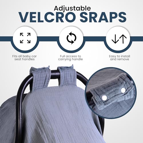 Image of EDEN BLISS Muslin Baby Car Seat Cover- 100% Cotton - 120x120cm Infant - Lightweight Infant Canopy, Universal Fit Baby Carrier Cover & Nursing Privacy Cover