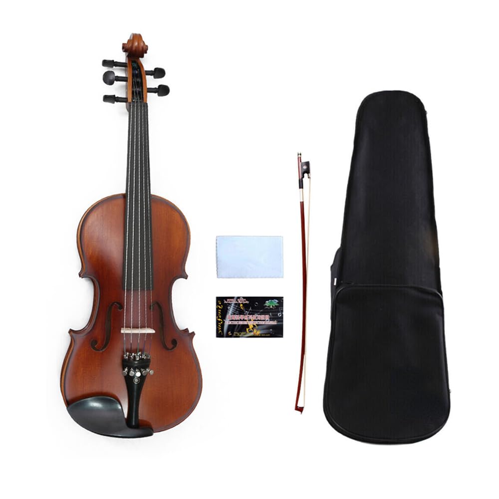 Violino acustico a 5 corde, kit 4/4 con fondo in acero e abete rosso, accessori in ebano, accordatore fine, violino fatto a mano, con custodia, archetto (5 corde, accordatori marroni)