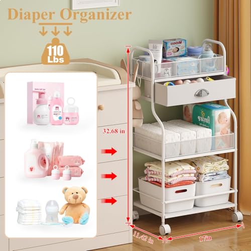 Baby Diaper Caddy Cart Organizer -3 Tier, Bedside Nursery Essentials Cart & Storage Holder for Newborn Baby Stuff, 2+1 Dividers, 1 Drawer,Rolling Utility Cart for Bedroom,Changing Table, Crib - Image 3