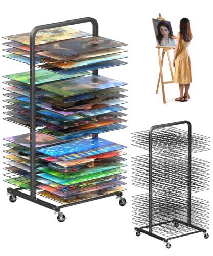 mocomax Art Drying Rack for Painting, Metal Paint Drying Stand with 40 Removable Shelves, Movable Paint Drying Rack with Lockable Wheels, Art Canvas Storage Rack for Classrooms & Art Studios, Black