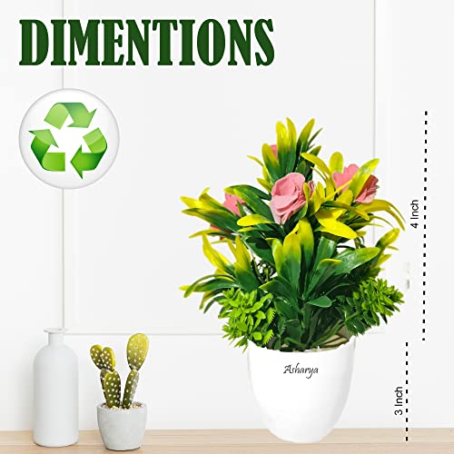 Image of Artificial Flower Plants for Home Decor - Set of 4 Mini Potted Plants (7 Inch) in White Pots | Pink, Yellow, Red & Blue Faux Flowers for Living Room, Office, Indoor Outdoor Decoration