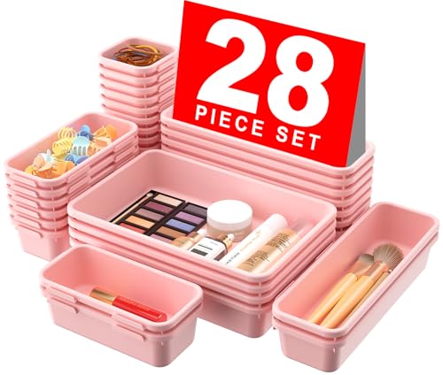 Image of A-LuGei 【28PCS】 Drawer Organizer, Bathroom Organizers and Storage, Makeup organizer, Desk drawer organizer, Storage Bins for Kitchen Office Bedroom Vanity Jewelry Pantry Garage【Pink】【4Size】