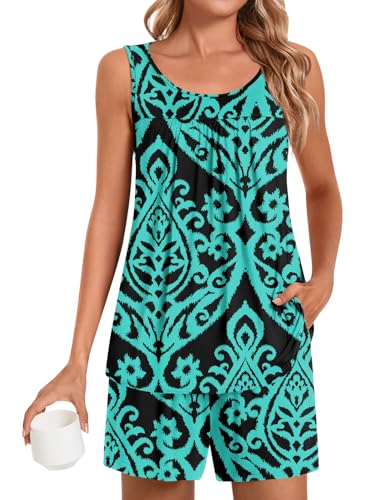Image of POPYOUNG Pajama Set for Women Summer 2 Piece Lounge Shorts Sets Sleepwear | Womens Pajama Sets Cooling pijamas de mujer for Summer with Pockets Sleeveless Nightwear Outfits Pjs Shorts Set