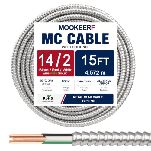 Image of MOOKEERF 14 /2 MC Cable with Ground - 15FT Pure Copper 14AWG /2 Metal Clad Wire with Aluminum Armor 14 Gauge 2 Conductor Type MC Alum Cable