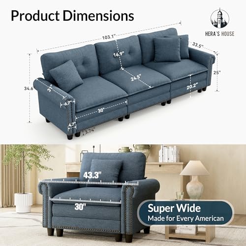 Image of HERA'S HOUSE 103.1 inch Modular Sectional Couch for Living Room Deep Seats | Mid-Century Modern 3-Seater Cloud Sofa, Cyan, Rolled Arms & Nailhead Trim, Wider & Deeper Seats, Soft Linen