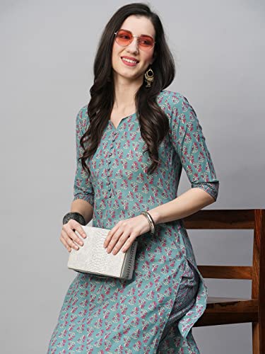 Image of GoSriKi Women's Cotton Blend Printed Straight Kurta With Pant