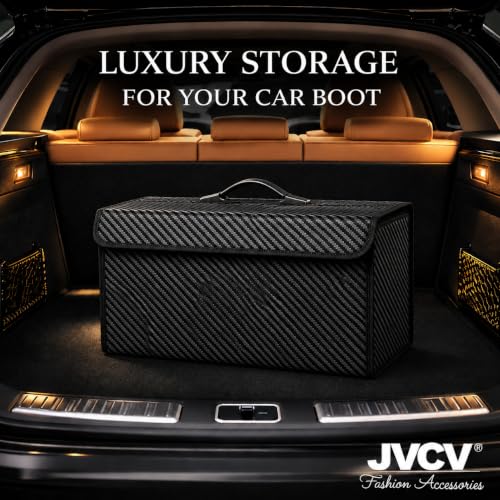 Image of JVCV Premium Carbon Fiber Texture Car Trunk Boot Organizer | Large Capacity Car Storage Bag with Anti-Slip Bottom, Strong Handle & Velcro Closure | Universal Organizer (Large - PU Carbon Fiber)