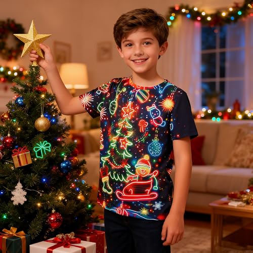 Image of uideazone Christmas Neon Tshirts for Boys Kids 13T Christmas Tree Short Sleeve T-Shirt 3D Graphic Print Snowman Tee Shirts 13-14 Years
