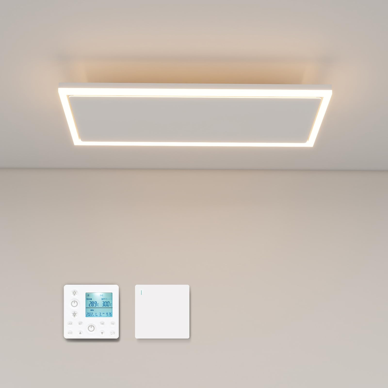 Riscaldamento a infrarossi, montaggio a soffitto, 1190 Watt, riscaldamento a raggi infrarossi con illuminazione a LED, riscaldamento a infrarossi, soffitto con termostato, telecomando, riscaldamento