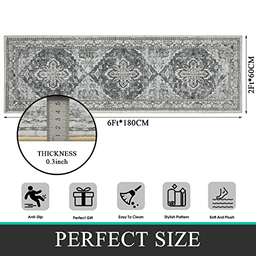 Bsmathom Boho Tribal Runner Rug 2X6, Washable Persian Distressed Hallway Runner, Non-Slip Non-Shedding Carpet Runner, Faux Wool Soft Fuzzy Rug Low-Pile Floor Carpet For Kitchen Laundry (Grey,2X6Ft) #TOP4