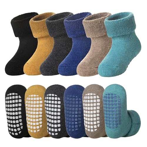DoSmart Baby Toddler Non Slip Socks Infant Boys Girls Warm Thick Wool Ankle Crew Winter Socks with Grippers 6 Pairs(Solid Color-A 1-3T)