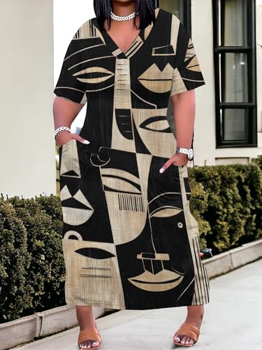 Image of Plus Size Maxi Dress for Women Short Sleeve V Neck Casual Loose Sundress with Pockets