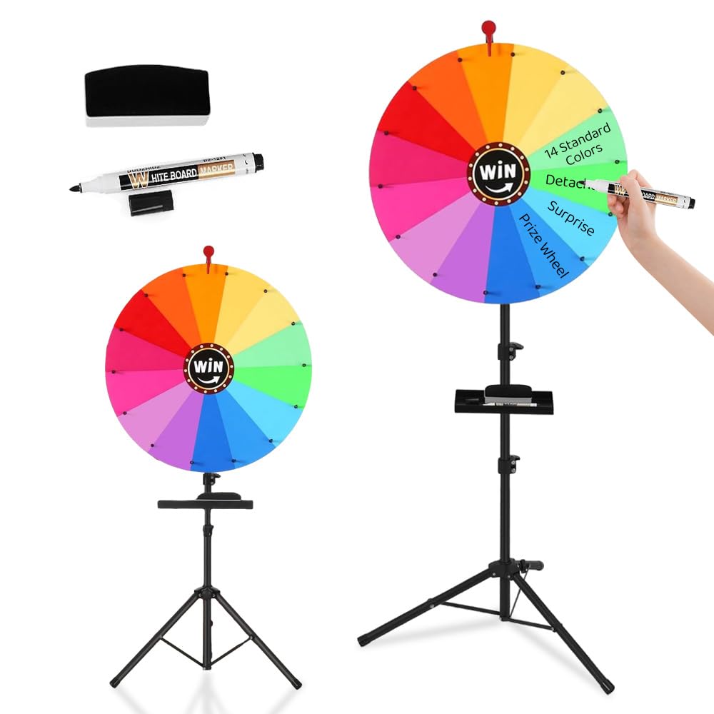 SKIKHN Spinning Prize Wheel, 24" Prize Wheel with 14 Slots, Height Adjustable Roulette Spinning Game with Stand and Eraser, for Trade Show Carnival Party Pub Fortune Game (56–155cm)