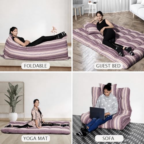 Image of Single Bed Mattress, Natural Cotton, 2.5 x 6 Feet | Mehroon and White Stripe Pattern, Foldable, Ruyi Gadi, For Guests