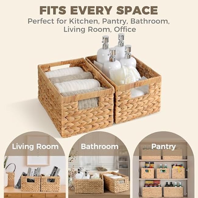 Set of 2 Wicker Shelf Storage Baskets for Organizing - Natural Durable Water Hyacinth Woven Basket Pantry Bin Organizers for Shelves with Handles for Home & Decor Organization, 12.5¡± x 8¡± x 6.5¡±