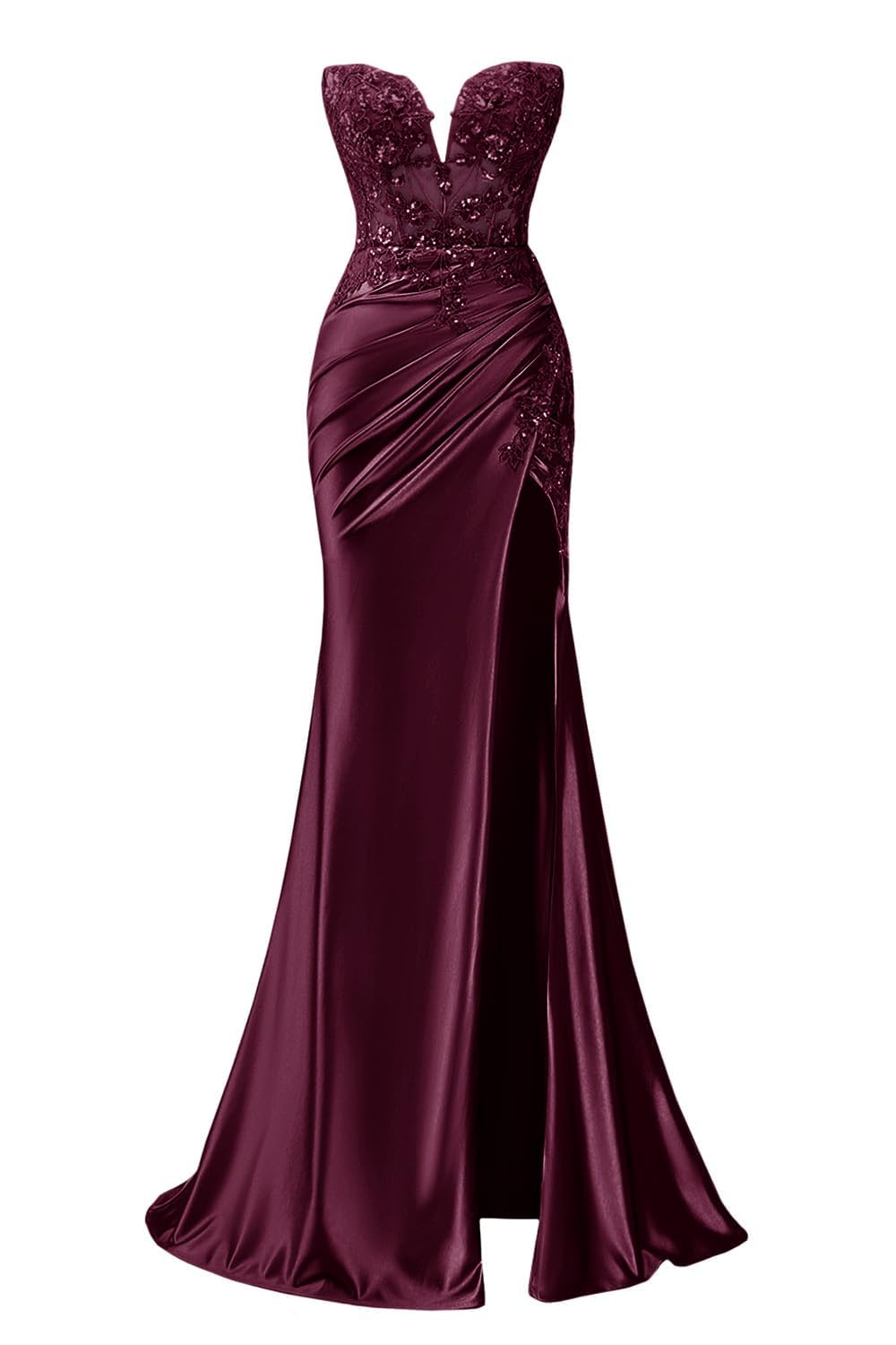 Hppee Women's Dark Burgundy Satin Prom Dresses With Slit Lace Applique Sequin Celebrity Pageant Dress Corset Mermaid Formal Party Gown Uk6