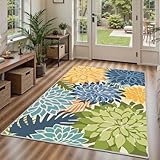 Area Rug 3x5 Yellow Green Washable Entry Rug Multicolored Tropical Botanical Modern Floral Indoor Kitchen Door Mat Entrance Carpet Non Slip for Bedroom Living Room, Porch