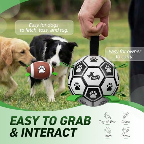 Image of QDAN Dog Soccer Ball Football Set - 2 PCS Dog Balls with Strap for Tug of War, Soccer Ball Football Toys for Small Medium Large Dogs, Herding Ball for Dogs, Dog Birthday Toy