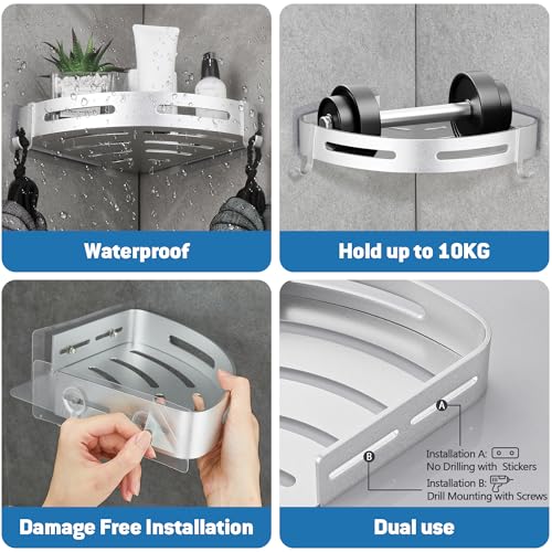 GRICOL Estante de ducha esquinero de metal sin taladrar con 2 ganchos para soporte de ducha, a prueba de óxido, artículos de baño autoadhesivos (plateado) - imagen 3