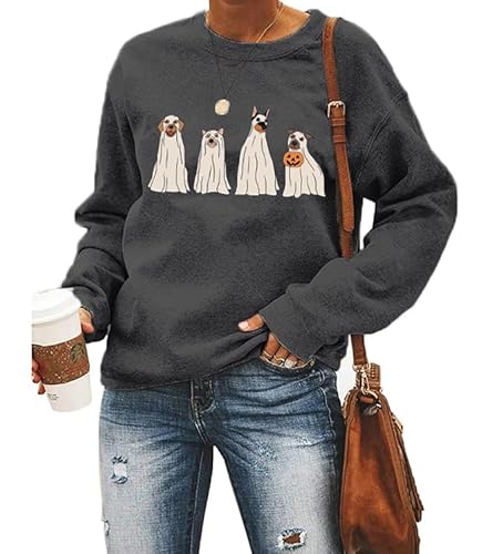 Mychte Halloween Ghost Dog Sweatshirt Women Dog Lover Tshirt Gift Casual Long Sleeve Pullover Tops Fall Holiday Shirt cover