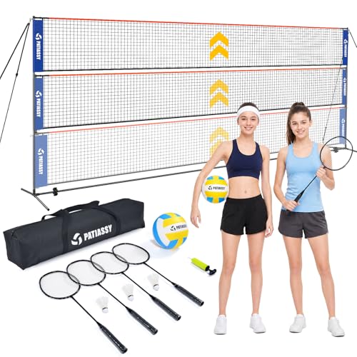 Image of Volleyball Badminton Pickleball 3-in-1 Combo Net Set, 5.1-7.4ft Adjustable Height Sports Nets for Backyards, Portable 17ft Outdoor Net with Carry Bag, Rackets and Balls