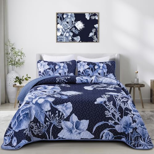 Floral Quilt Set King 3 Pieces Navy Blue Floral Quilt Coverlet Set Soft Microfiber Lightweight Navy Blue Quilted Bedspread for All Season 104