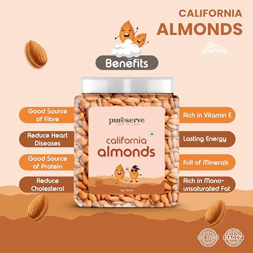 Image of Pureserve Natural California Almonds 1Kg - Whole Badam Giri | High in Protein, Fiber & Essential Nutrients | Boosts Immunity & Energy | 100% Natural, Gluten-Free Superfood | Jar Pack OF 1
