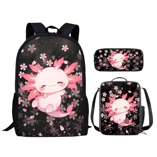 HELLHERO Kawaii Axolotl Backpack for Girls 6-8 10-12 Cherry Blossom School Bag with Lunch Box Pencil Case Teen Schoolbag Kids Bookbag Set Elementary School Backpacks Kindergarten Preschool Back Pack