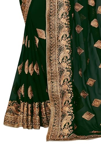 Image of B BELLA CREATION Women's Maroon Georgette Saree with Heavy Golden Embroidery Work & Unstitched Blouse Piece