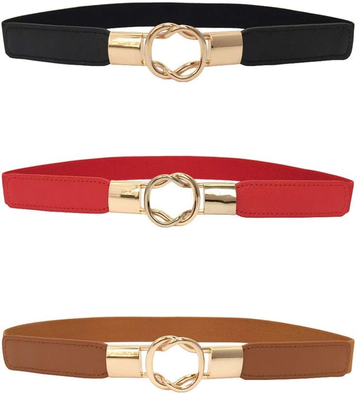 Women's Skinny Waist Elastic Stretchy Belt Retro with Metal Buckle for Dress, 3 Pieces, (Black+Red+Brown), S